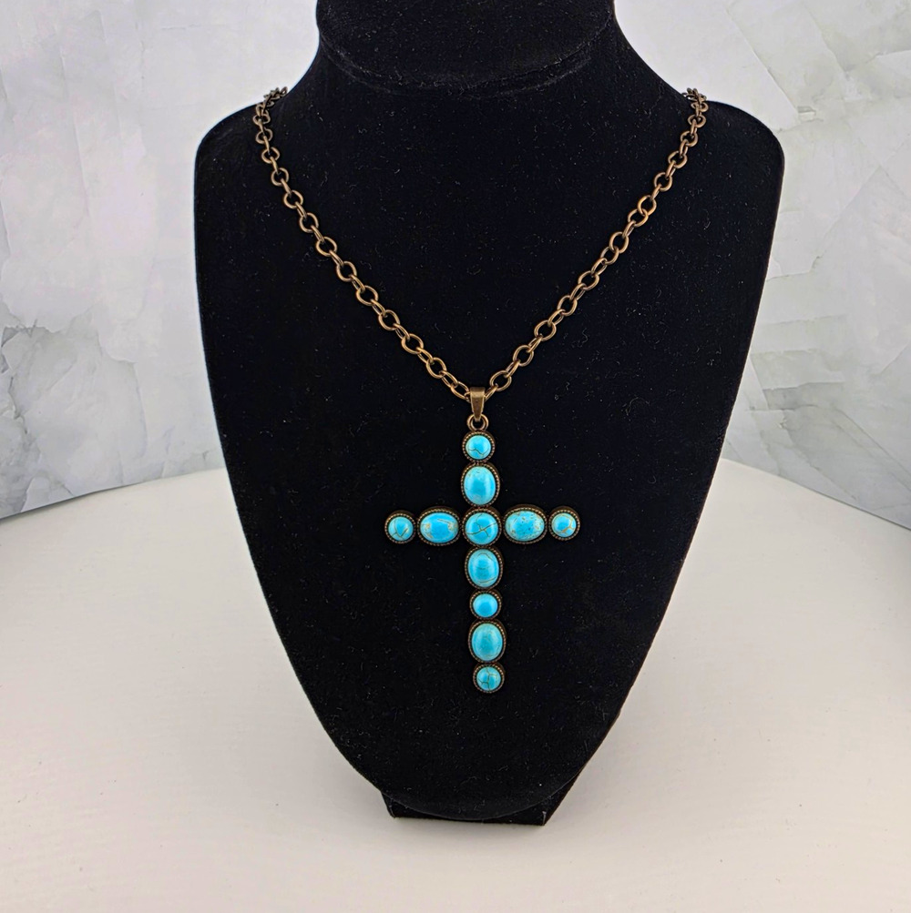 Plunder Design "Loudene" Antique Bronze Faux Turquoise Cross Necklace